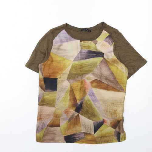 Zara Womens Brown Geometric Polyester Basic T-Shirt Size S Round Neck
