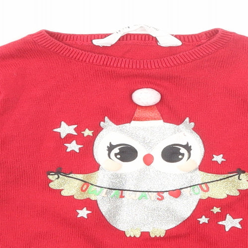 H&M Girls Red Round Neck Cotton Pullover Jumper Size 2 Years Pullover - Owl Print