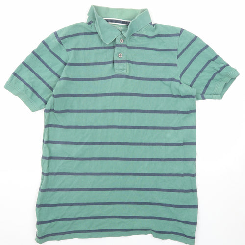 John Lewis Mens Green Striped Cotton Polo Size L Collared Button
