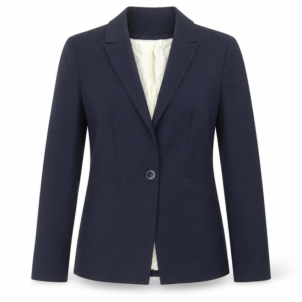 Front view of Marks & Spencer women’s blue polyester jacket suit jacket, size UK 10