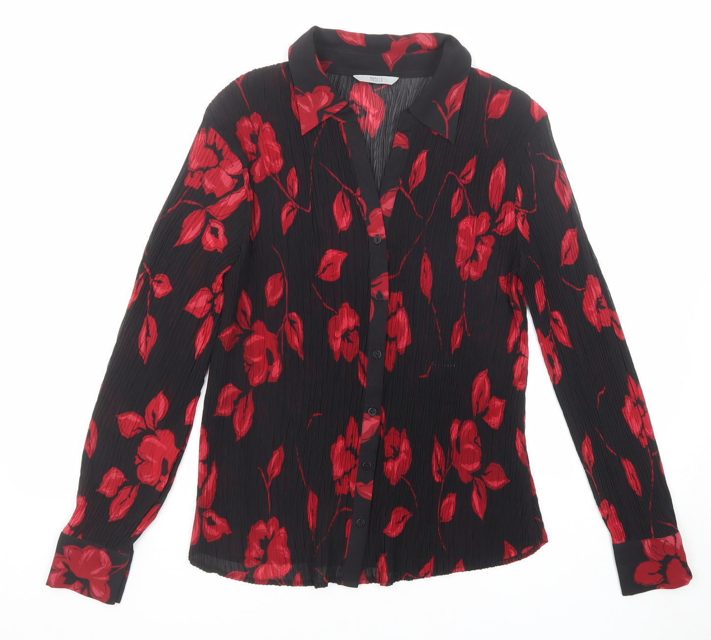 Marks and Spencer Womens Black Floral Polyester Basic Button-Up Size 18 Collared