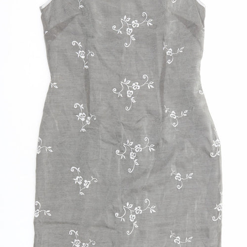 Marks and Spencer Womens Silver Floral Viscose Shift Size 10 Round Neck Zip