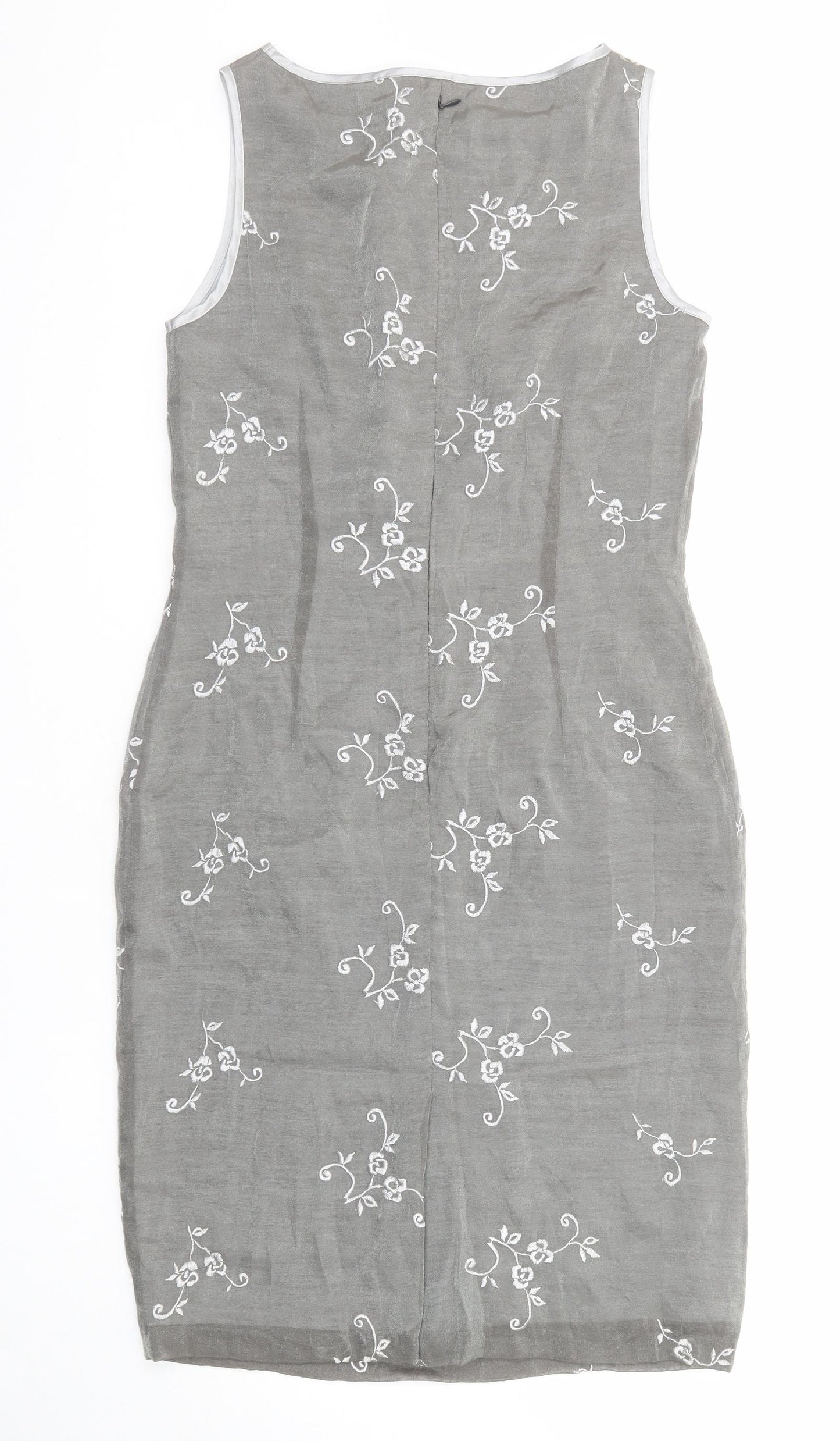 Marks and Spencer Womens Silver Floral Viscose Shift Size 10 Round Neck Zip