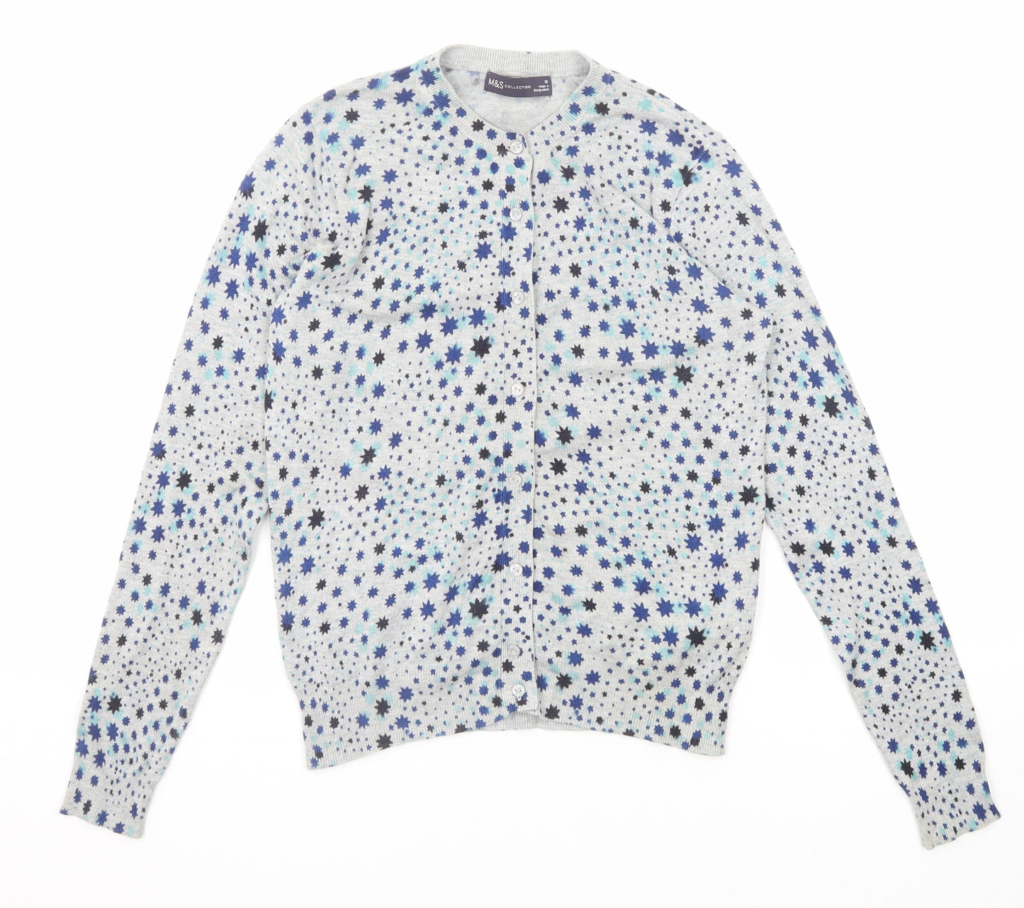Marks and Spencer Womens Grey Round Neck Geometric Viscose Cardigan Jumper Size 10 - Star Pattern
