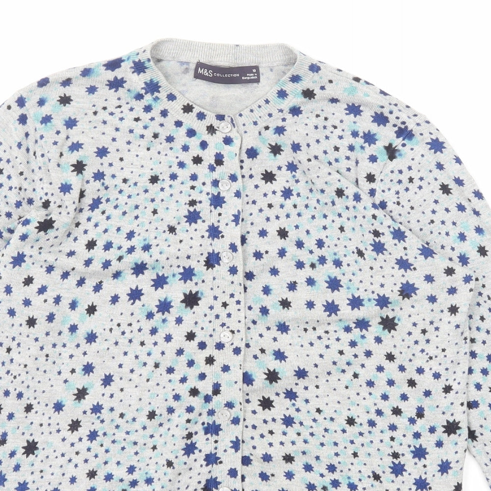 Marks and Spencer Womens Grey Round Neck Geometric Viscose Cardigan Jumper Size 10 - Star Pattern
