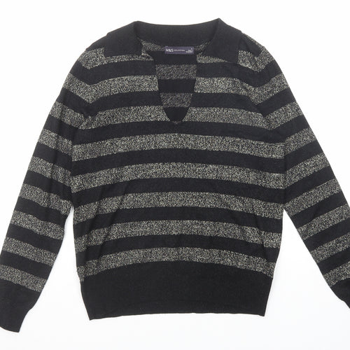Marks and Spencer Womens Black V-Neck Striped Viscose Pullover Jumper Size S