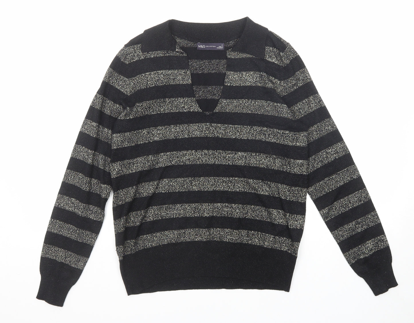 Marks and Spencer Womens Black V-Neck Striped Viscose Pullover Jumper Size S