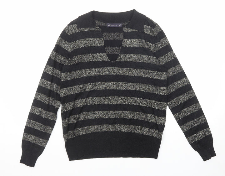 Marks and Spencer Womens Black V-Neck Striped Viscose Pullover Jumper Size S