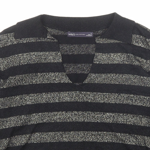 Marks and Spencer Womens Black V-Neck Striped Viscose Pullover Jumper Size S