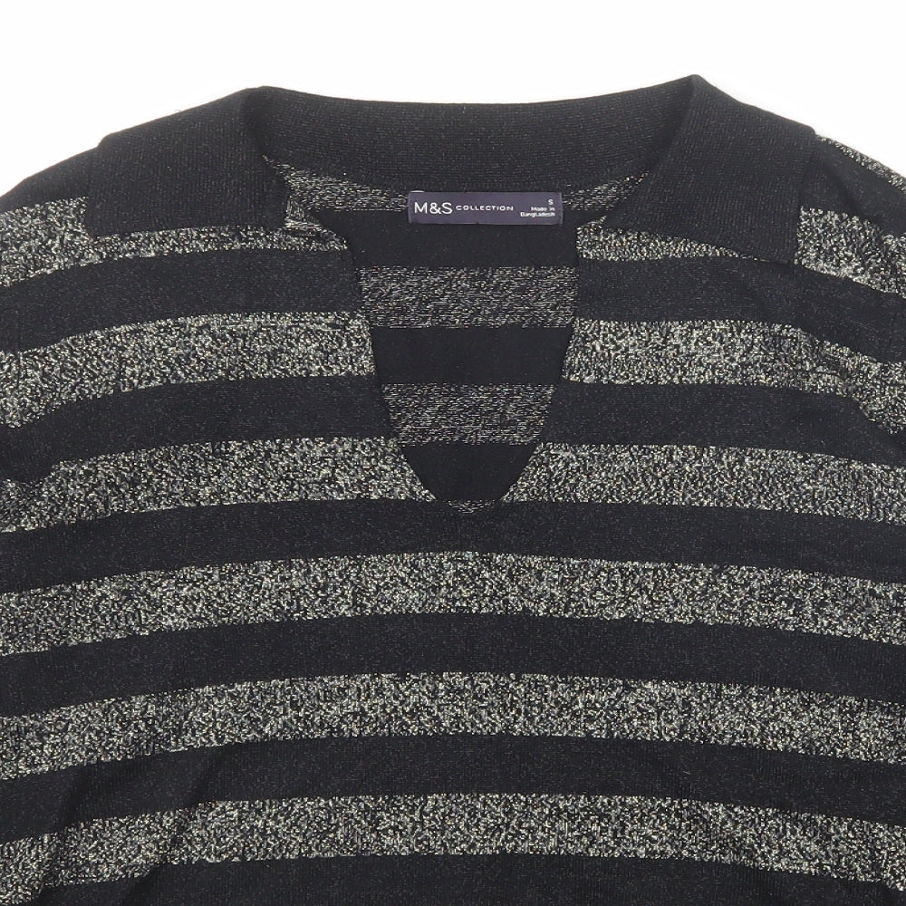Marks and Spencer Womens Black V-Neck Striped Viscose Pullover Jumper Size S
