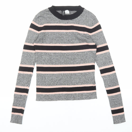 Divided by H&M Womens Grey Round Neck Striped Viscose Pullover Jumper Size S