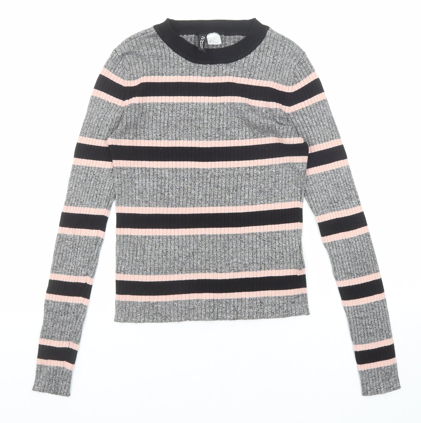 Divided by H&M Womens Grey Round Neck Striped Viscose Pullover Jumper Size S