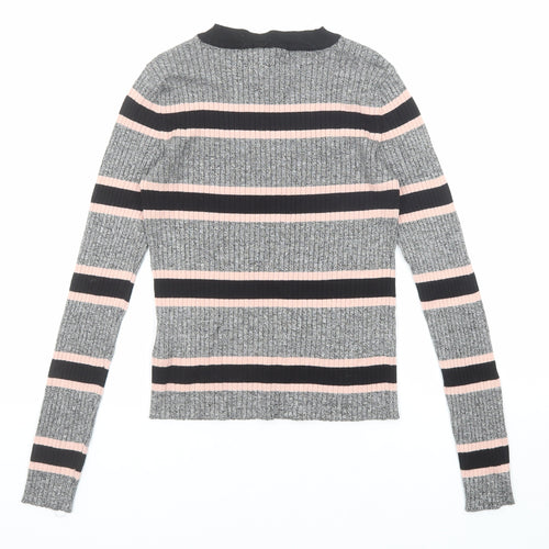 Divided by H&M Womens Grey Round Neck Striped Viscose Pullover Jumper Size S
