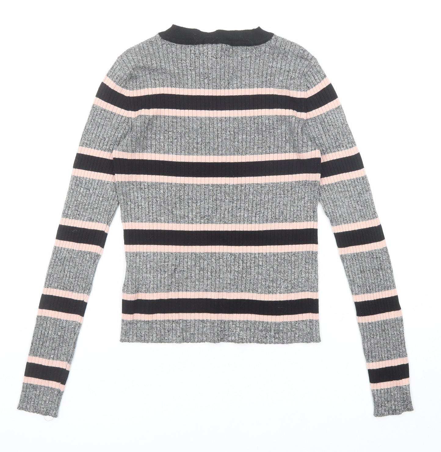 Divided by H&M Womens Grey Round Neck Striped Viscose Pullover Jumper Size S