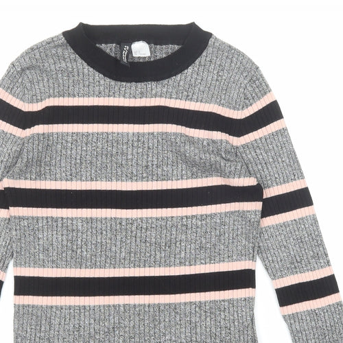 Divided by H&M Womens Grey Round Neck Striped Viscose Pullover Jumper Size S
