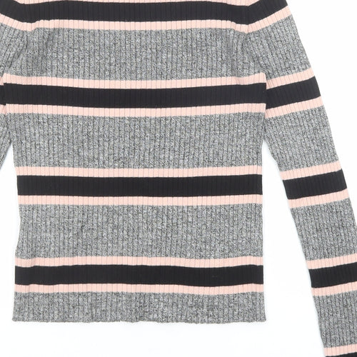 Divided by H&M Womens Grey Round Neck Striped Viscose Pullover Jumper Size S
