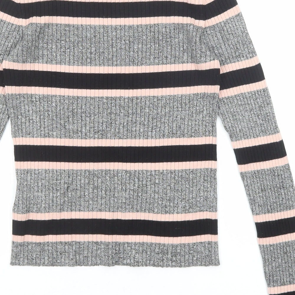 Divided by H&M Womens Grey Round Neck Striped Viscose Pullover Jumper Size S