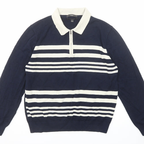 Marks and Spencer Mens Blue Striped Cotton Polo Size L Collared Zip