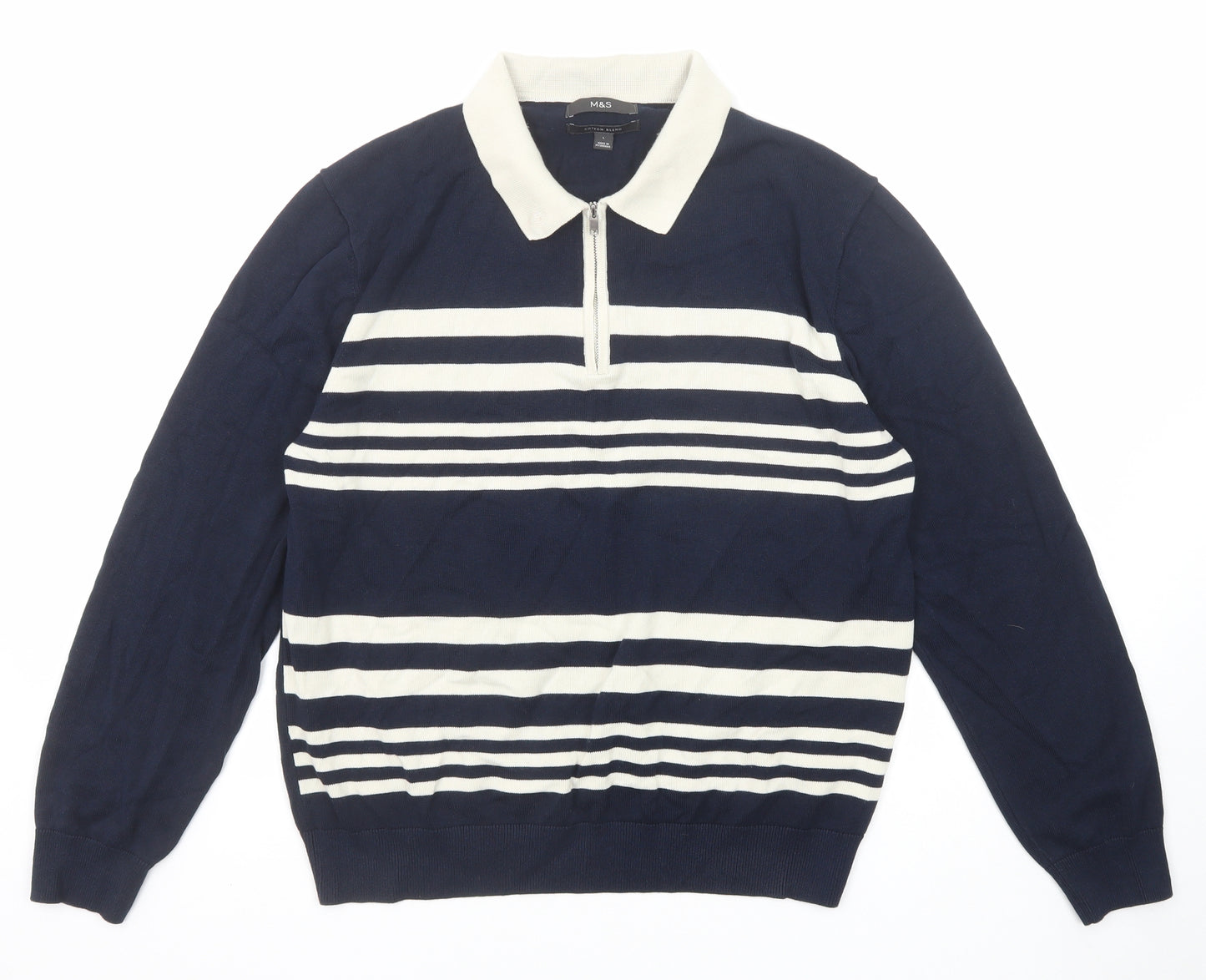 Marks and Spencer Mens Blue Striped Cotton Polo Size L Collared Zip