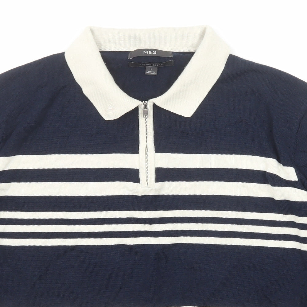 Marks and Spencer Mens Blue Striped Cotton Polo Size L Collared Zip