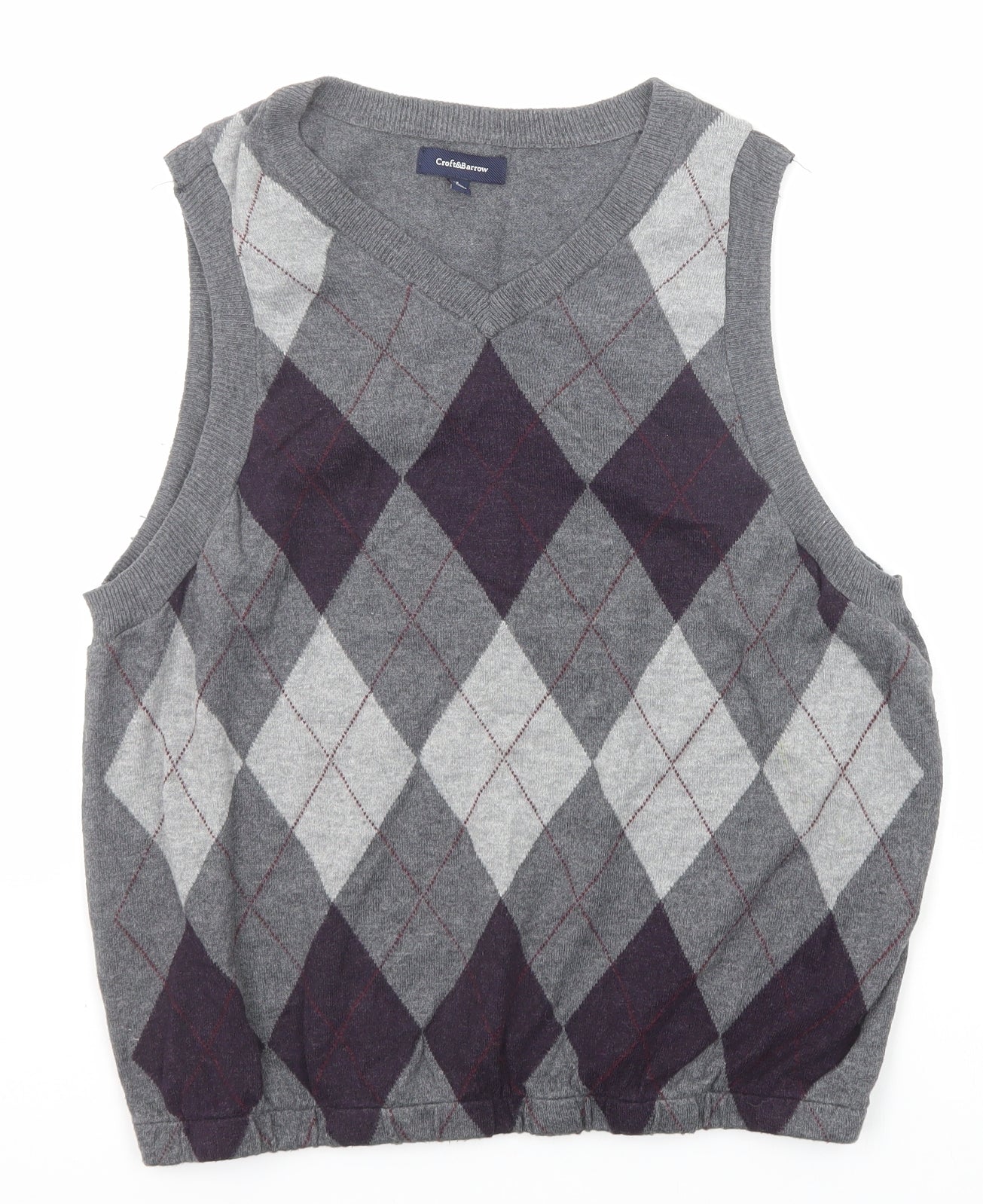 Croft & Barrow Mens Grey V-Neck Check Acrylic Pullover Jumper Size L Sleeveless