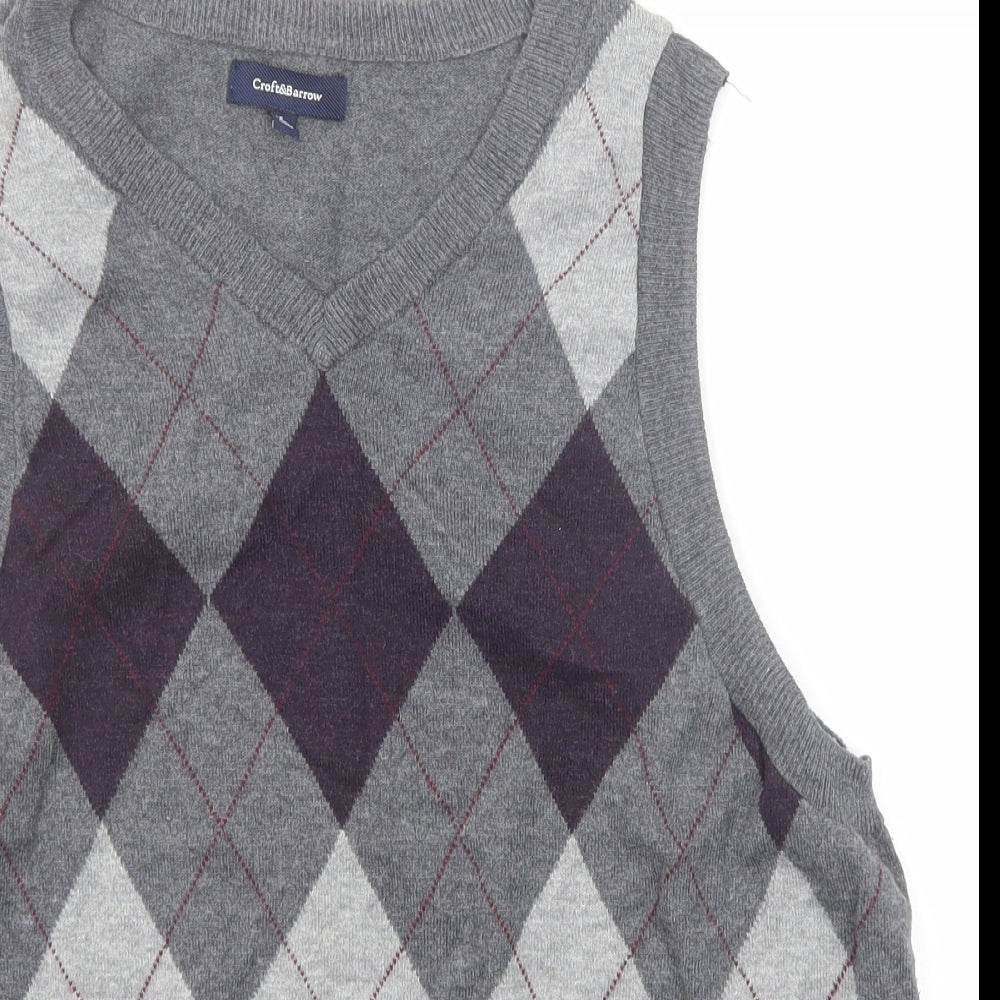 Croft & Barrow Mens Grey V-Neck Check Acrylic Pullover Jumper Size L Sleeveless