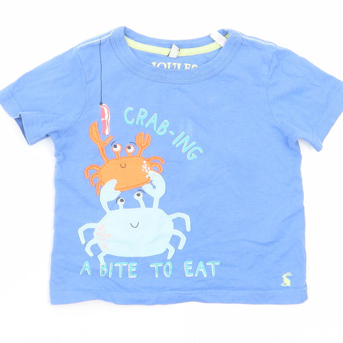 Joules Boys Blue Cotton Basic T-Shirt Size 2 Years Round Neck Pullover - Crabs