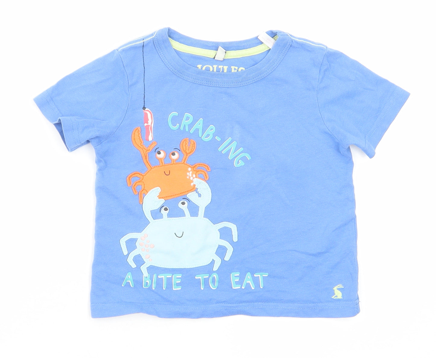 Joules Boys Blue Cotton Basic T-Shirt Size 2 Years Round Neck Pullover - Crabs