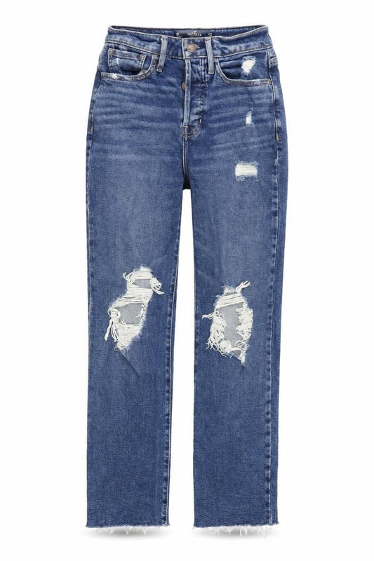 Front view of Hollister women’s blue cotton straight jeans, size UK 25, in, 28-inch leg regular zip