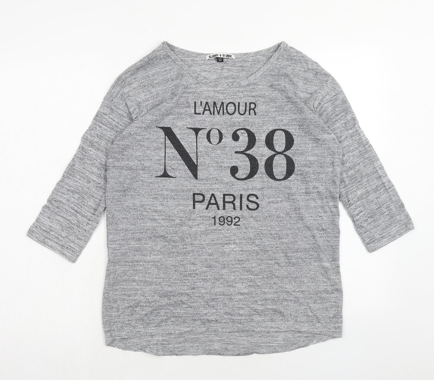 Blonde + Blonde Womens Grey Polyester Basic T-Shirt Size 12 Boat Neck - Paris