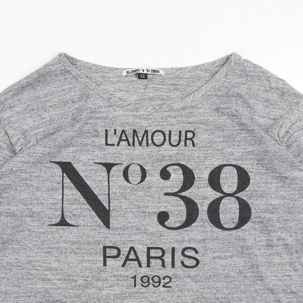 Blonde + Blonde Womens Grey Polyester Basic T-Shirt Size 12 Boat Neck - Paris