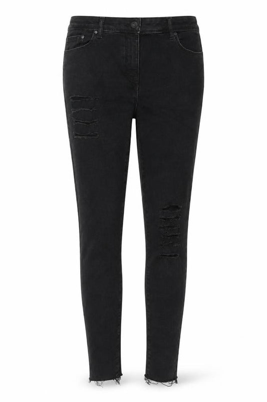 Front view of Next women’s black cotton skinny jeans, size UK 12, regular zip