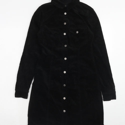 New Look Womens Black Cotton Shirt Dress Size 8 V-Neck Button