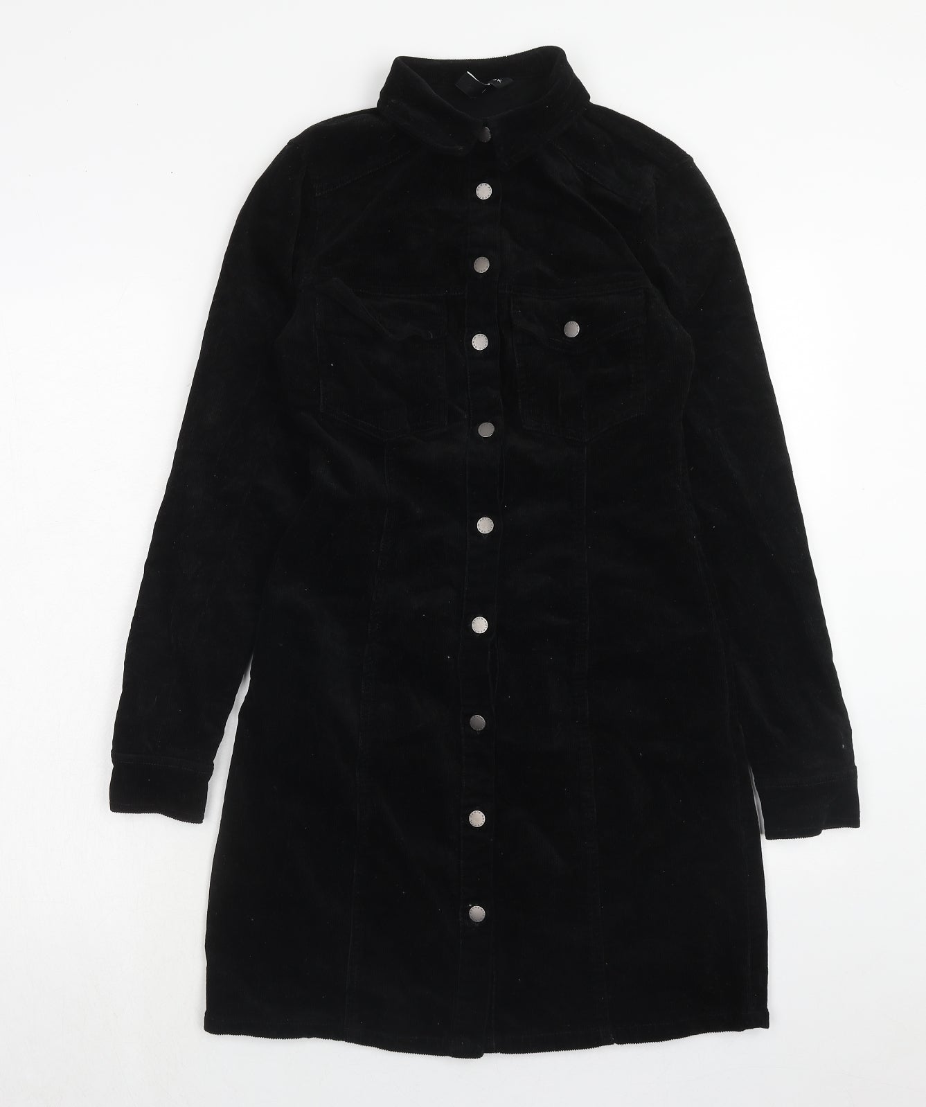 New Look Womens Black Cotton Shirt Dress Size 8 V-Neck Button