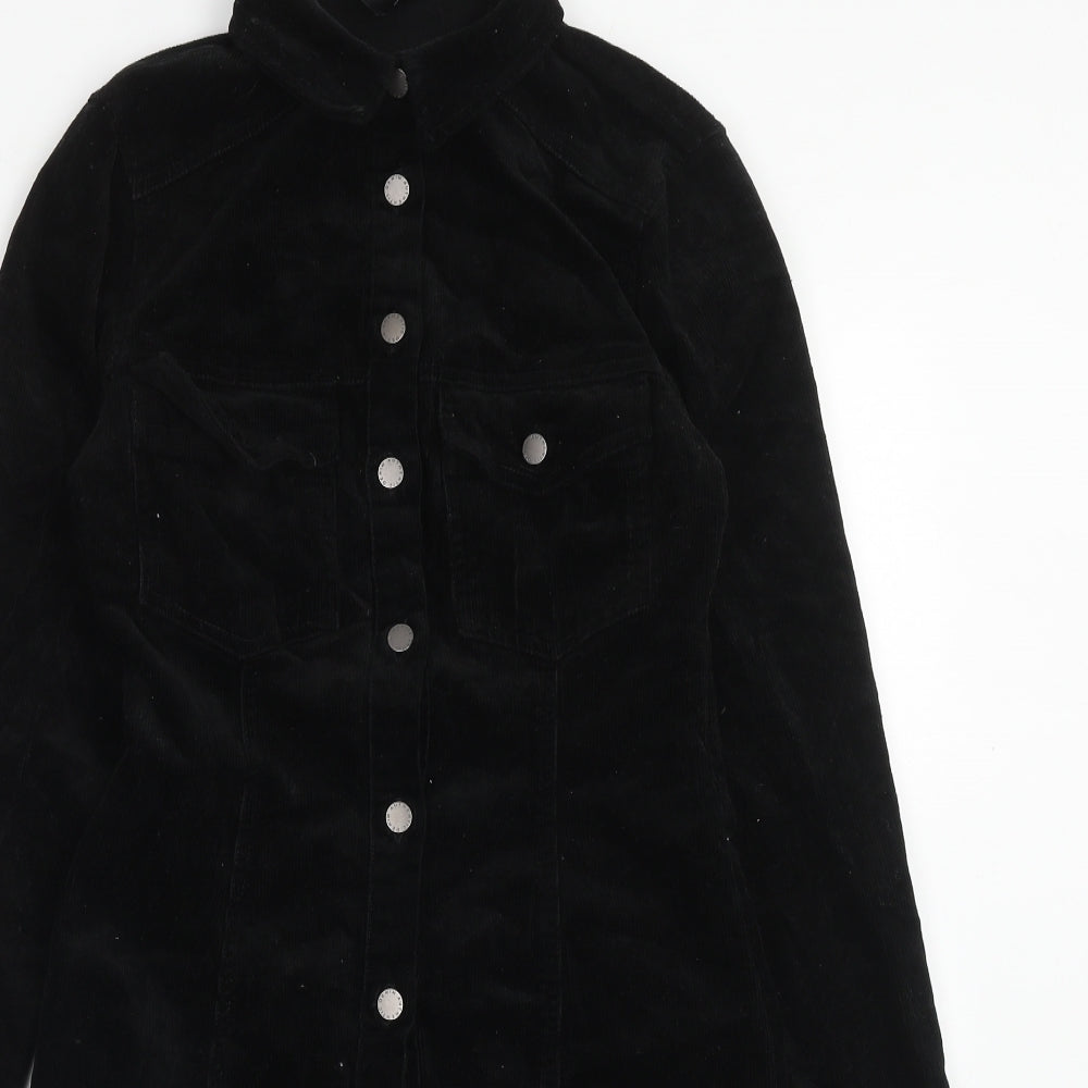 New Look Womens Black Cotton Shirt Dress Size 8 V-Neck Button