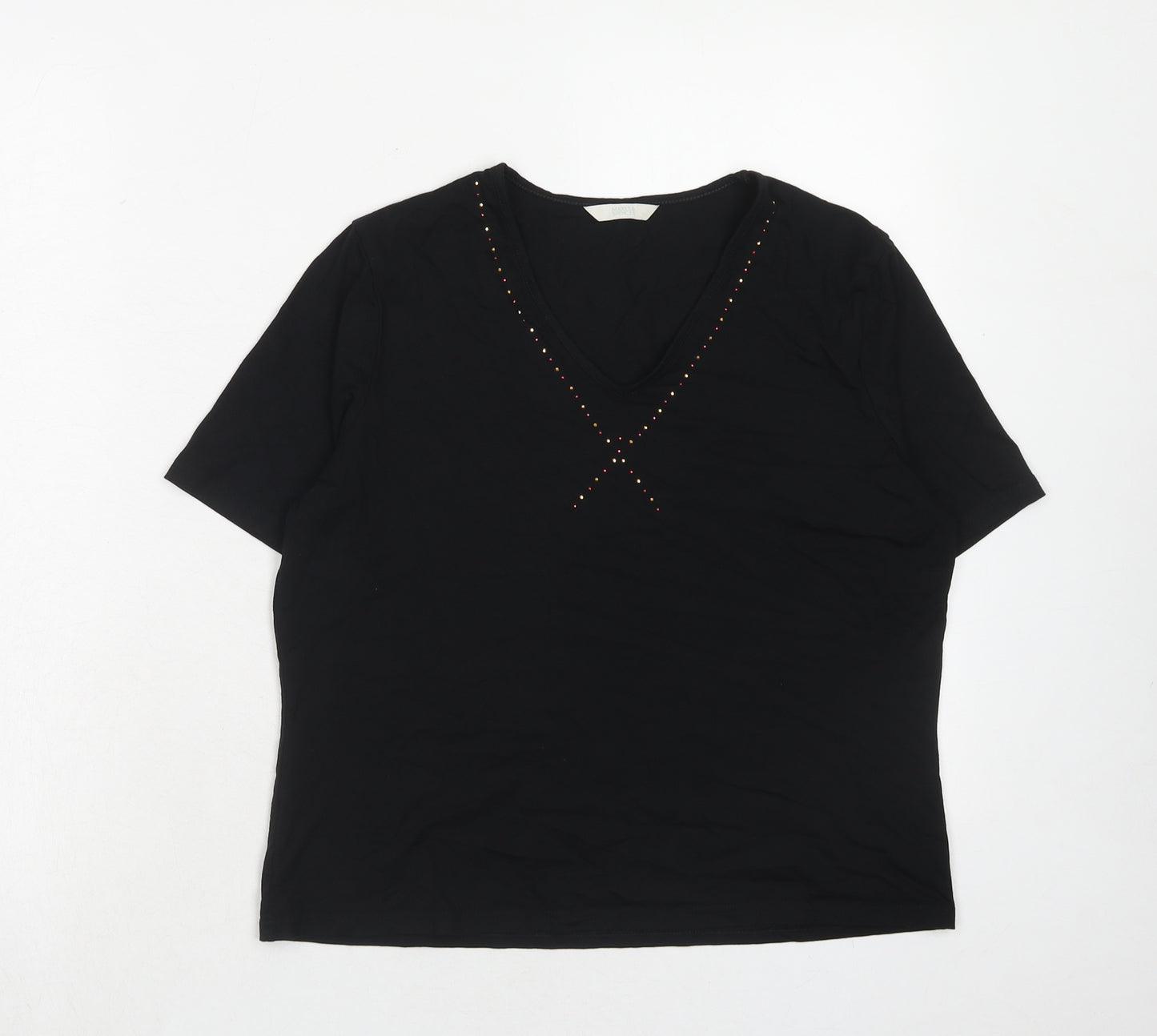 Marks and Spencer Womens Black Viscose Basic Blouse Size 14 V-Neck