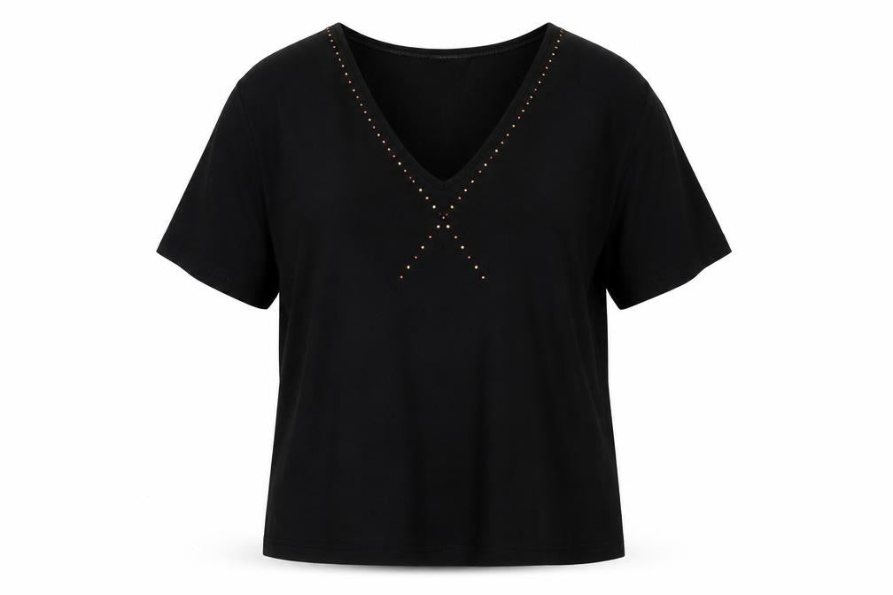 Front view of Marks & Spencer women’s black viscose basic blouse, size UK 14, v-neck