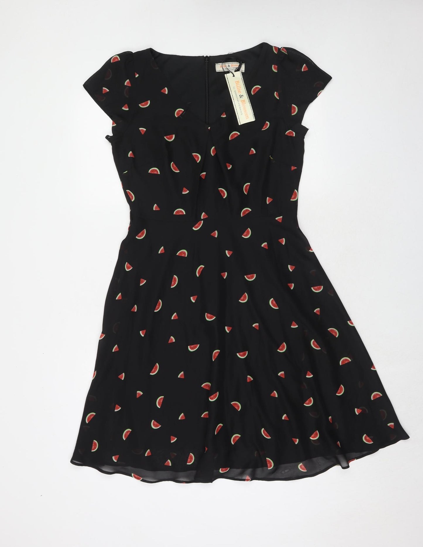 Dorothy Perkins Womens Black Geometric Polyester A-Line Size 12 Round Neck Zip - Watermelon Pattern