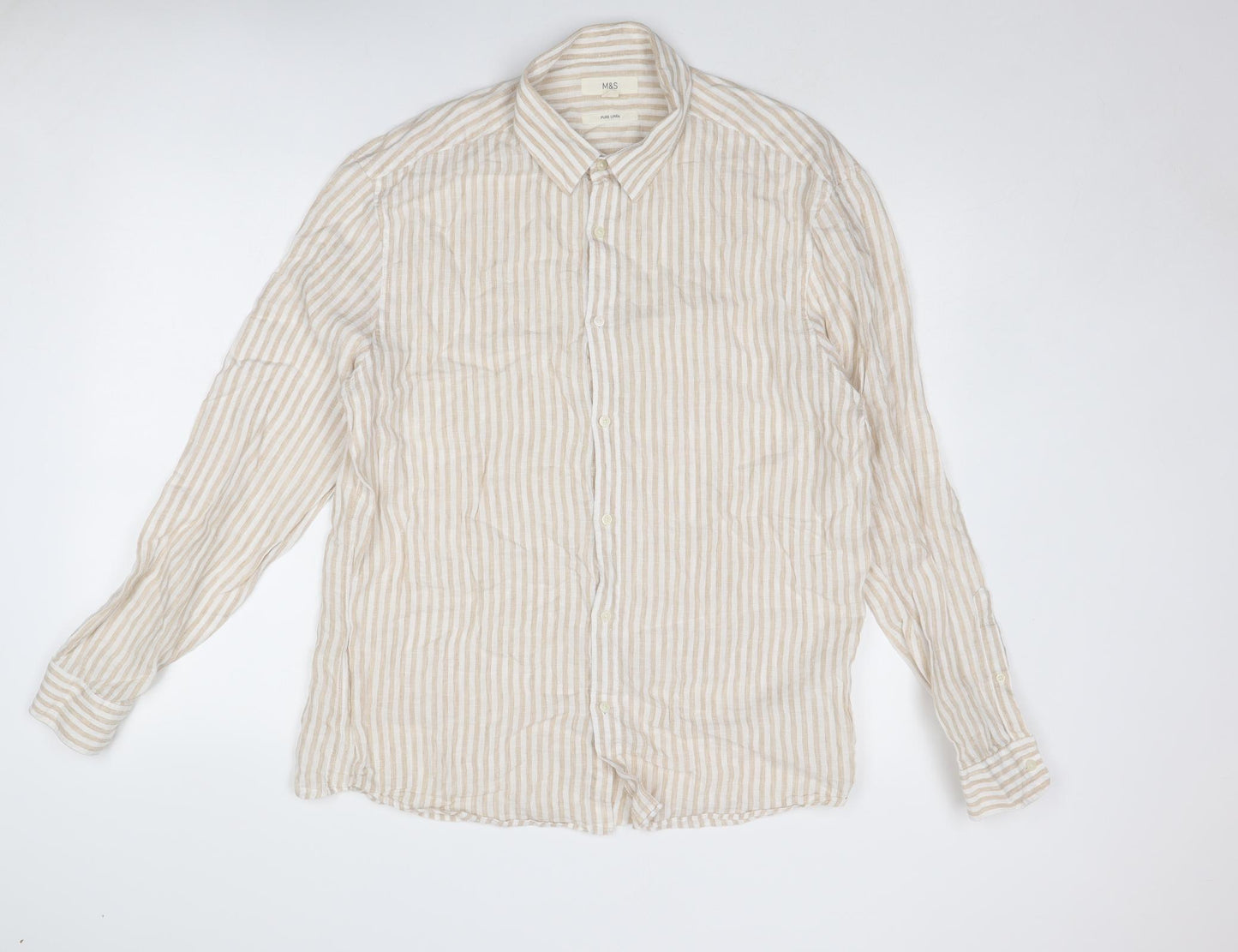 Marks and Spencer Mens Beige Striped Linen Button-Up Size L Collared Button