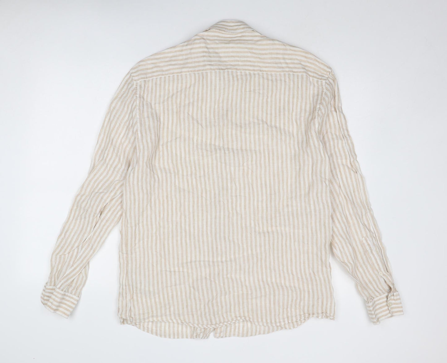 Marks and Spencer Mens Beige Striped Linen Button-Up Size L Collared Button