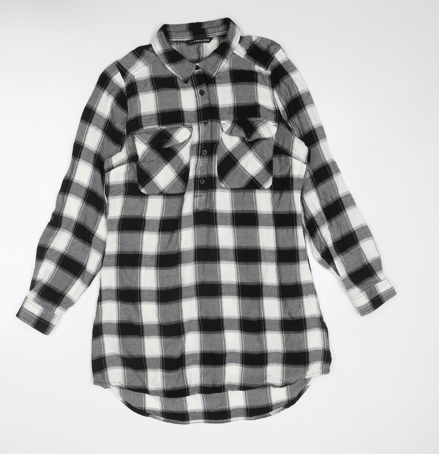 So Fabulous Womens Black Plaid Viscose Shirt Dress Size 14 Collared Button