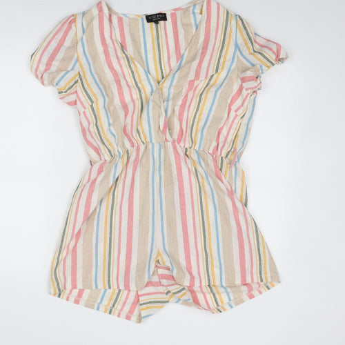 In the Style Womens Multicoloured Striped Linen Playsuit One-Piece Size 14 Snap