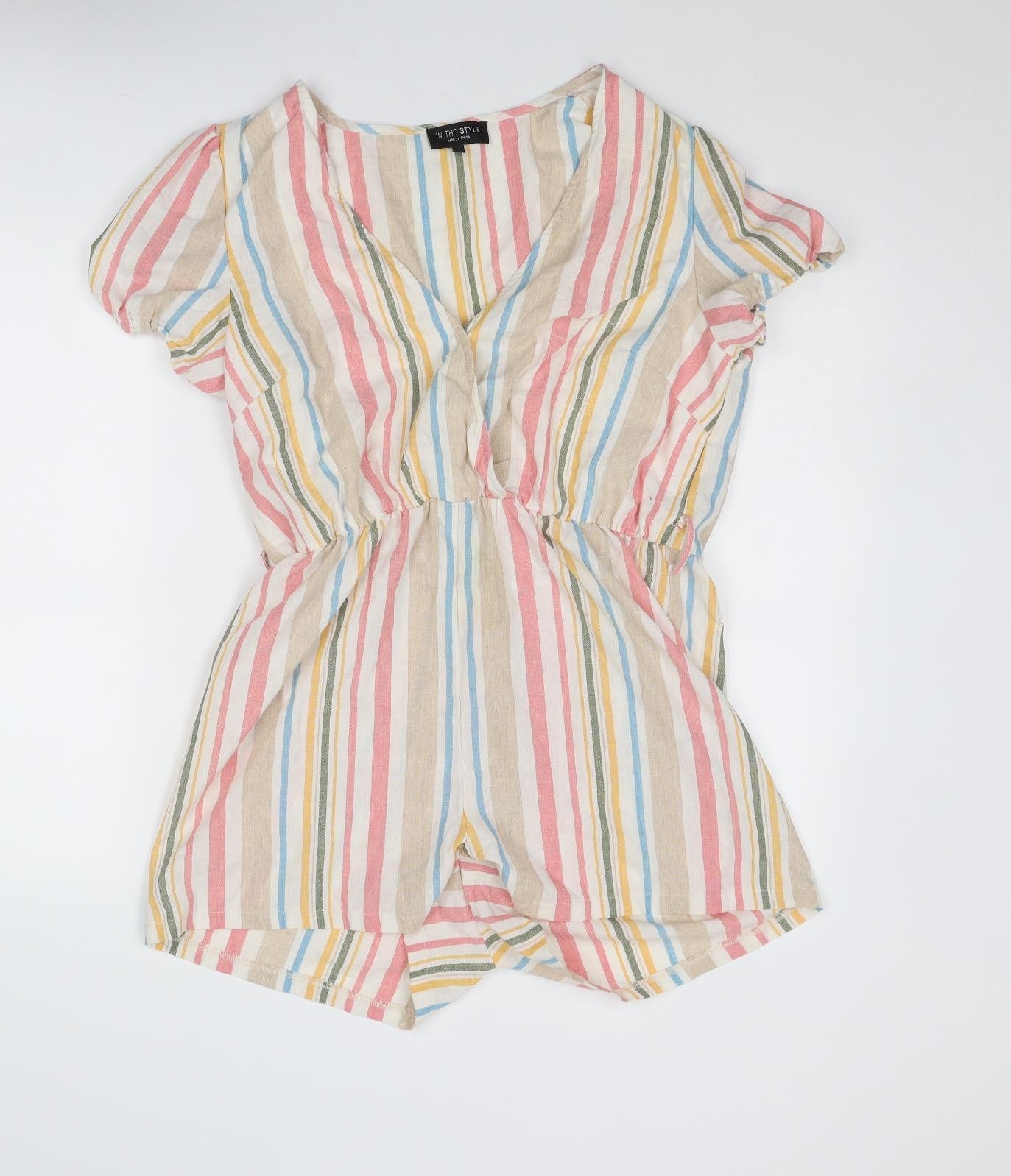 In the Style Womens Multicoloured Striped Linen Playsuit One-Piece Size 14 Snap