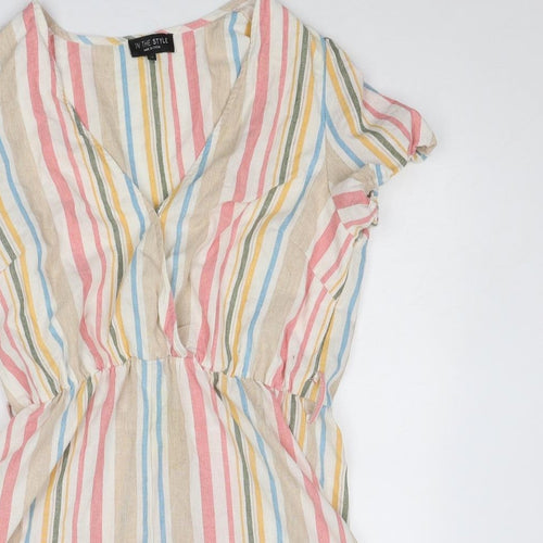 In the Style Womens Multicoloured Striped Linen Playsuit One-Piece Size 14 Snap