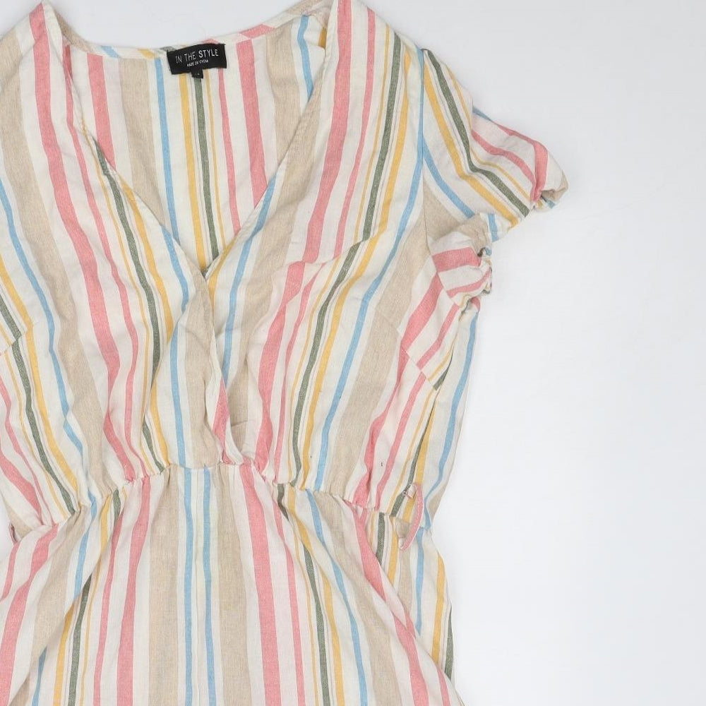 In the Style Womens Multicoloured Striped Linen Playsuit One-Piece Size 14 Snap