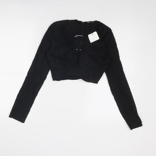 Zara Womens Black Linen Cropped Blouse Size M Scoop Neck - Ring Detail