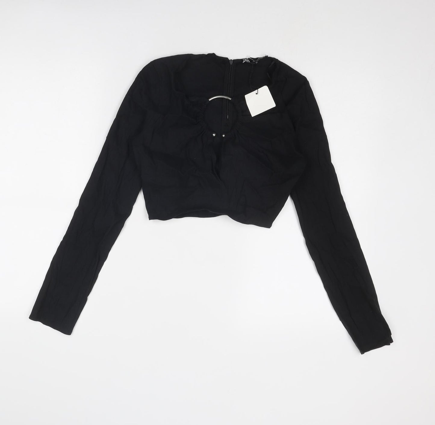 Zara Womens Black Linen Cropped Blouse Size M Scoop Neck - Ring Detail
