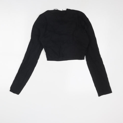 Zara Womens Black Linen Cropped Blouse Size M Scoop Neck - Ring Detail