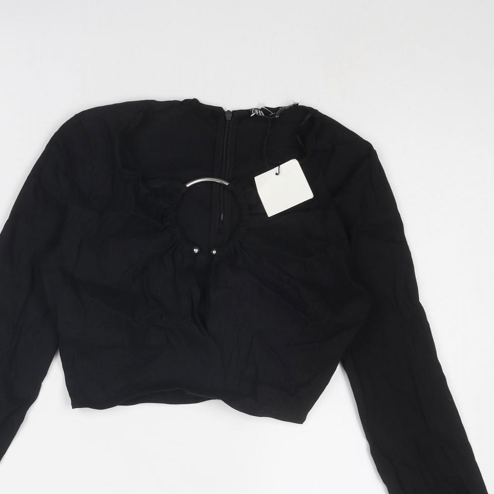 Zara Womens Black Linen Cropped Blouse Size M Scoop Neck - Ring Detail