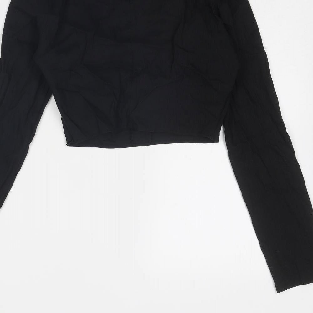 Zara Womens Black Linen Cropped Blouse Size M Scoop Neck - Ring Detail